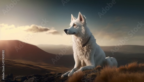 White Dog Sitting On Top Of The Hill  Generative AI