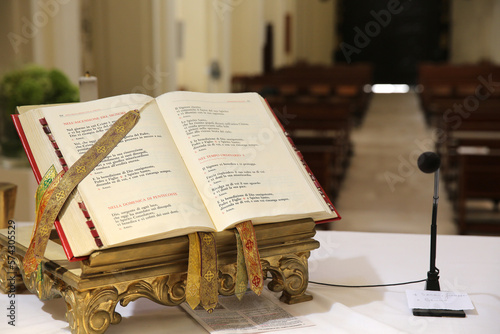 Open missal in Madona del Carmine church, Nardo, Italy. 31.07.2018 photo