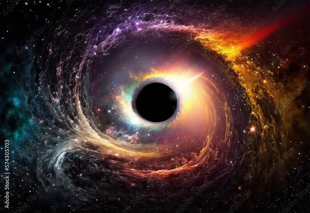 A black hole with a glowing constellation of various colors revolves around a black hole in the universe. A black hole with a glowing constellation of various colors revolves around a black hole in the universe.