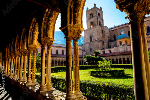 Santa Maria Nuova cathedral cloister and south tower, Monreale, Sicily, Italy. 31.07.2018