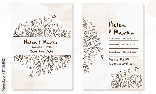 Minimalistic floral elegant wedding set invitation card design,trendy hand line drawing on beige paper.Stylish vector