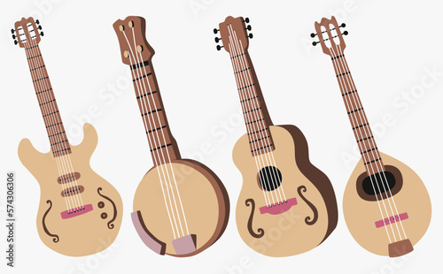 Guitar set. Acoustic guitar, electric guitar banjo and  mandolin on white background. String musical instruments. Cute flat cartoon style. Vector illustration