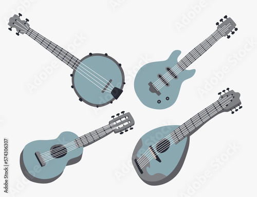 Guitar set. Acoustic guitar, electric guitar banjo and  mandolin on white background. String musical instruments. Cute flat cartoon style. Vector illustration