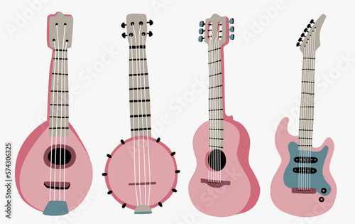 Guitar set. Acoustic guitar, electric guitar banjo and  mandolin on white background. String musical instruments. Cute flat cartoon style. Vector illustration
