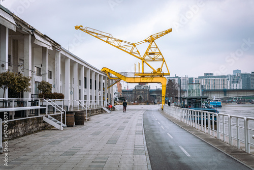 Big yellow construction crane in Belgrade's Beton Hala (Concrete Hall) Serbia. 