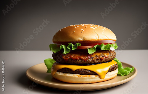 Beautiful Fresh Burger side view close-up. Generative AI.