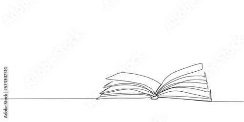 Big open book, album one line art. Continuous line drawing of book, library, education, school, study, literature, paper, textbook, knowledge, read, learn, page, reading.