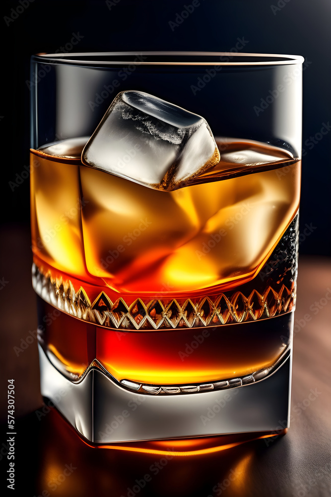 A glass of whiskey with ice cubes inside, ice cubes