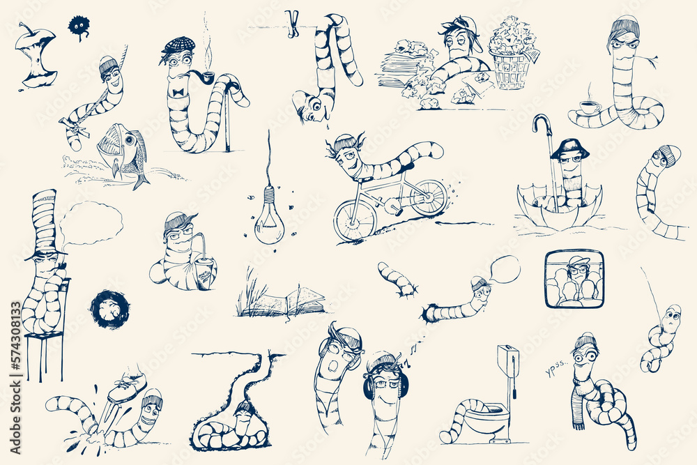 cartoon character drawn by pen, cartoon character, comic character, earthworm, cartoon earthworm, sticker set, emotions