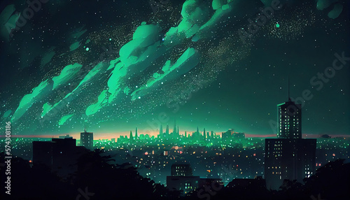 Green cloud illustration with stars and cityscape. Generative AI.