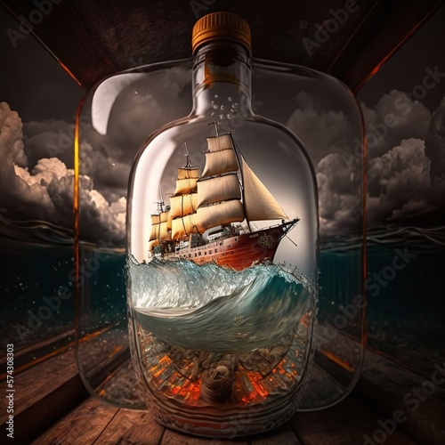Glass Jar Depicting a Ship Lost in the Ocean Generated by AI