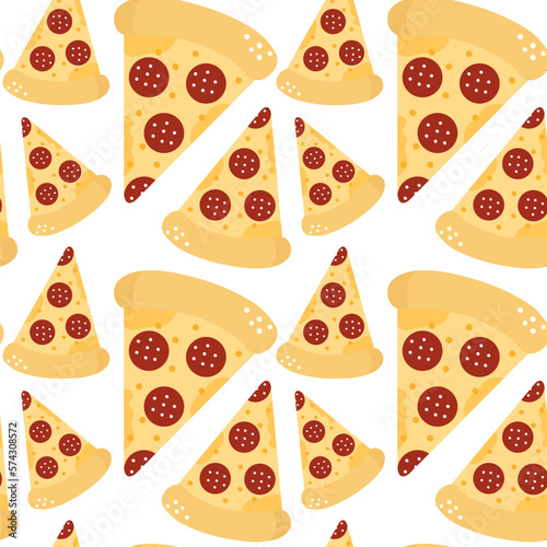 Pizza seamless pattern in cartoon style pepperoni. Fast food wrapping texture.
