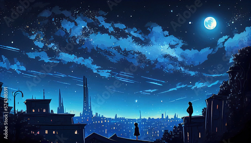 Nighttime cityscape illustration with blue shades digital painting. Generative AI.