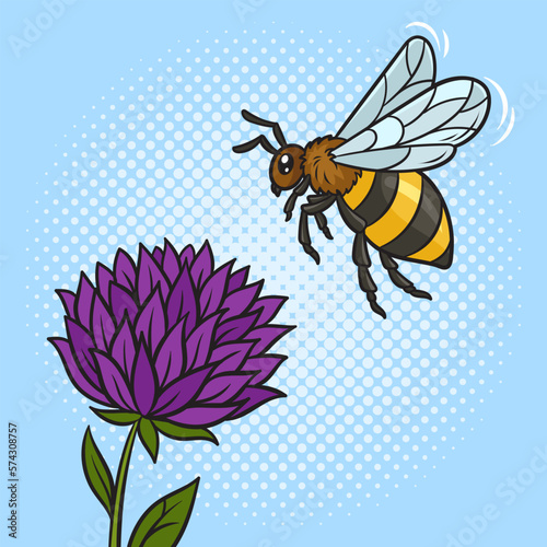 bee flies to a flower pop art retro vector illustration. Comic book style imitation.