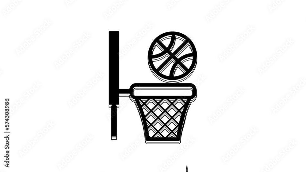 Black Basketball ball and basket icon isolated on white background. Ball in basketball hoop. 4K Video motion graphic animation Black Basketball ball and basket icon isolated on white background. Ball in basketball hoop. 4K Video motion graphic animation