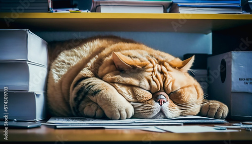 very tired fat cat sleeps on the files in the office, Generative ai photo