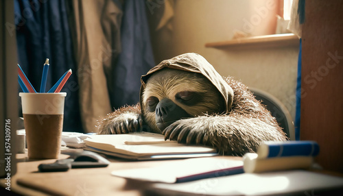 very tired sloth sleeps on lots of files in the office, Generative ai photo