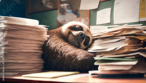 very tired sloth sleeps on lots of files in the office, Generative ai
