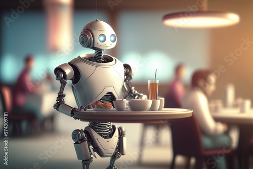 Waiter robot carrying a tray with plate on a restaurant. artificial intelligence waiter. Generative AI