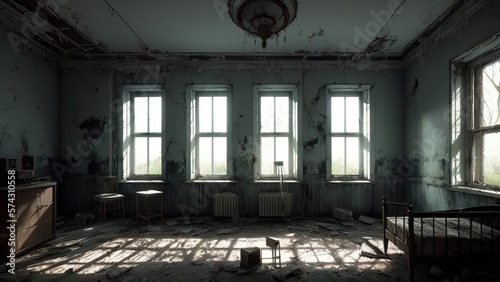 An abandoned hospital room  with remnants of furniture. A bed in the center of the room. The setting for a horror movie.