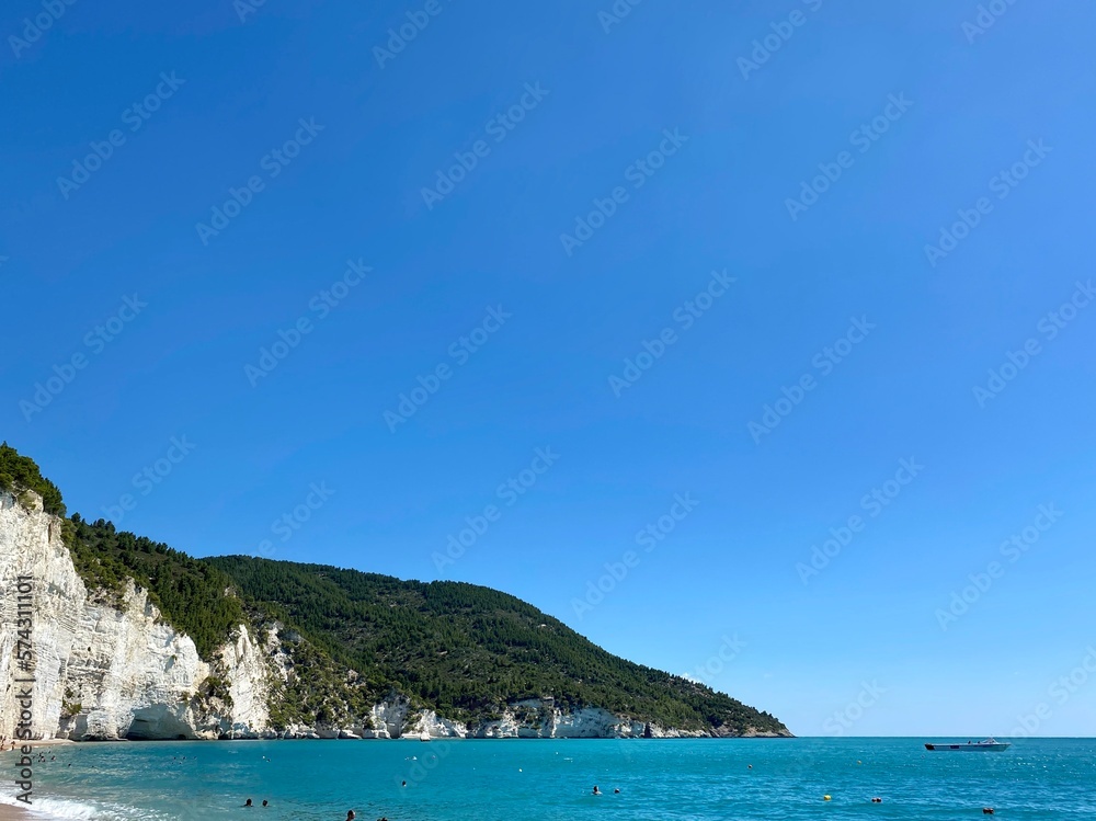 Scenic view Blue Water White Cliffs Vignanotica Beach Gargano National Park Italy