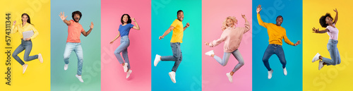 Joy Of Youth. Collage With Happy Young People Jumping Over Colorful Backgrounds