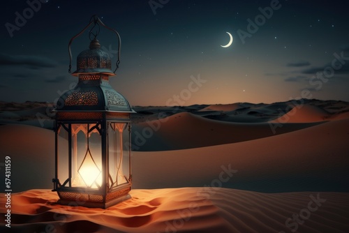 Arabic lantern desert night background for Muslim holy month Ramadan Kareem created with generative AI