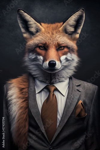 Portrait of fox in a business suit at the office. Cunning as a fox concept. Generative AI Technology