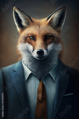 Portrait of fox in a business suit at the office. Cunning as a fox concept. Generative AI Technology