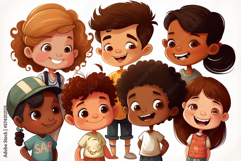 Happy cartoon kids with different ethnicity. Ai generated. Flat ...