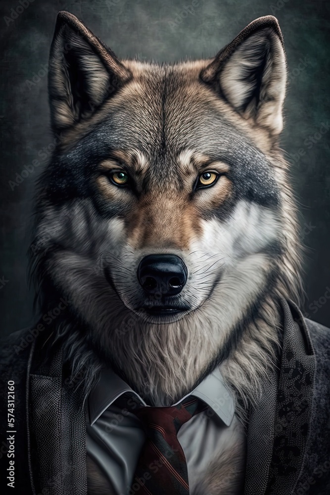 Portrait of male wolf in a business suit at the office.  Generative AI Technology