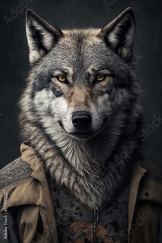 Portrait of male wolf in a business suit at the office.  Generative AI Technology