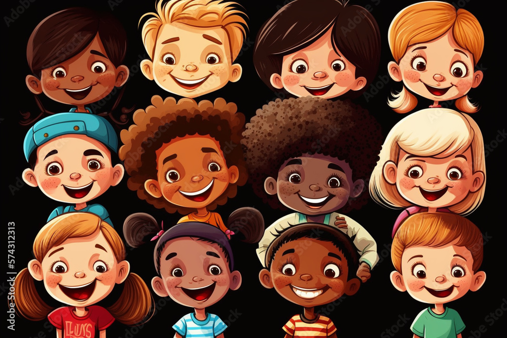 Happy cartoon kids with different ethnicity. Ai generated. Flat ...