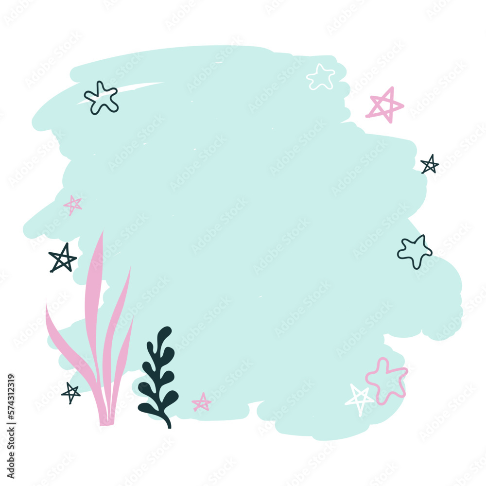 Flat sea frame with starfish and seaweed on blue background. Marine under water border. Useful for posters, web design, flyer, advertisement, banner, card. Vector illustration