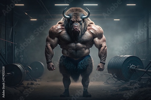 Portrait of strong buffalo in a gym. Bodybuilding genetics concept. Generative AI Technology photo