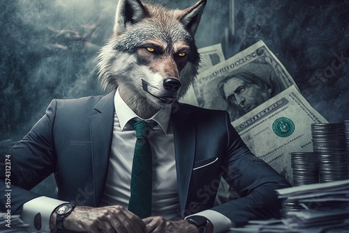 Portrait of male wolf in a business suit at the office with money in background. Generative AI Technology