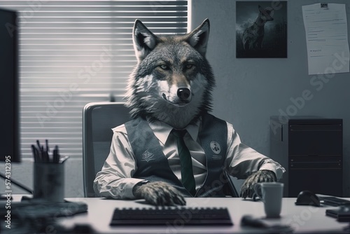 Portrait of male wolf in a business suit at the office. Generative AI Technology