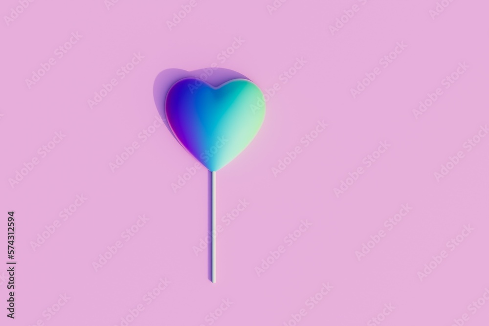 love of candy. a lollipop in the form of a heart on a stick of blue color on a pastel background. 3D render love of candy. a lollipop in the form of a heart on a stick of blue color on a pastel background. 3D render
