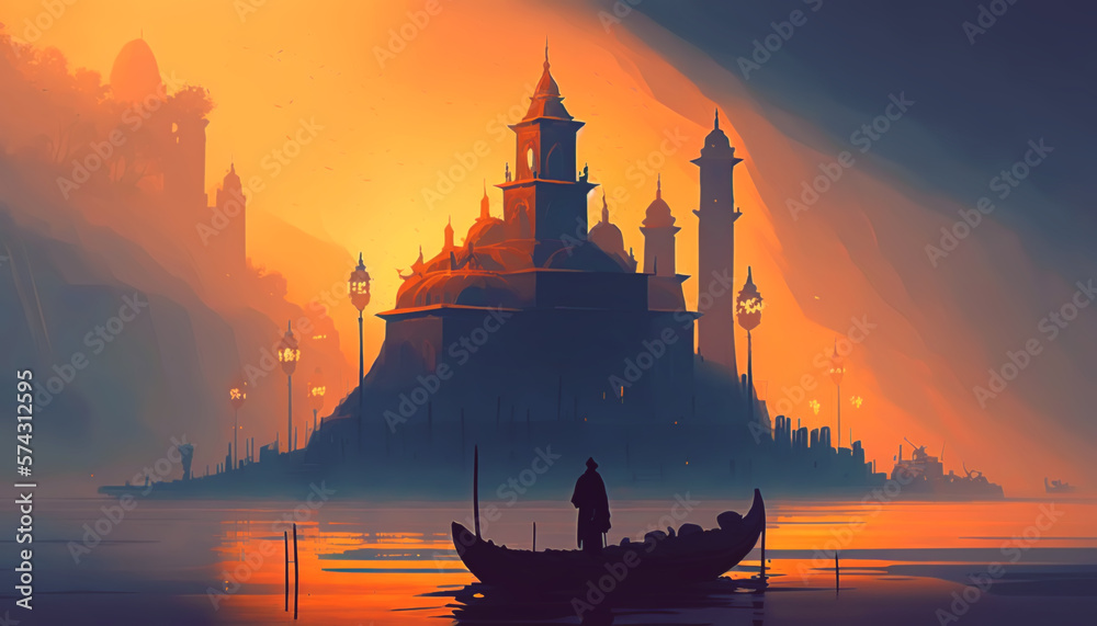 illustration monks sailing on a boat in the fog on the background of the temple
