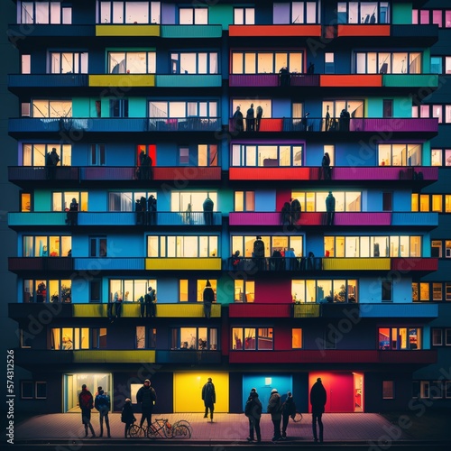 Representation of Building of Apartments Full of color and Occupied Generated by AI