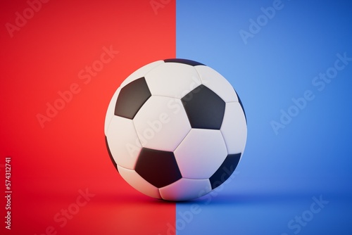 a soccer ball on a red and blue background. 3D render