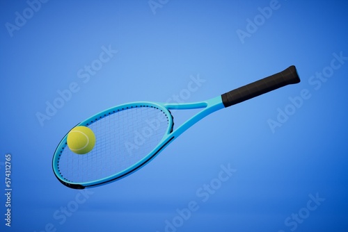 tennis racket and tennis ball on a blue background. 3D render © Igor