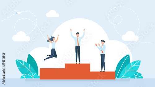 Winners podium. Business success. Business people standing on winner stepped pedestal. Characters achieve victory in competition. Rewarding office employees. Leadership concept. Vector illustration.