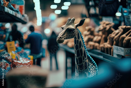 Cute giraffe in a supermarket created with Generative AI technology