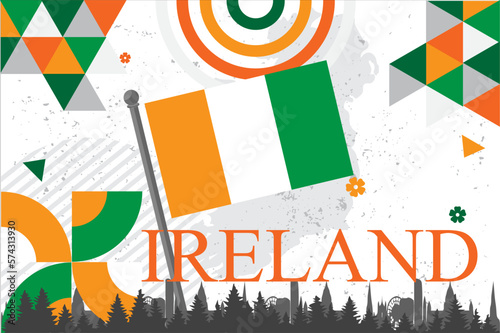 Ireland national day banner with Irish flag colors theme background and geometric abstract retro modern green orang white design. Irish Harp and map icon, celebration of St Patrick's Day