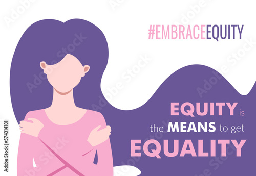 Valokuva EmbraceEquity movement poster, greeting with International Women's Day with white woman hugging herself, vector template