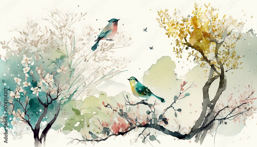 Illustration of spring natural scenery in watercolor style. AI technology generated image