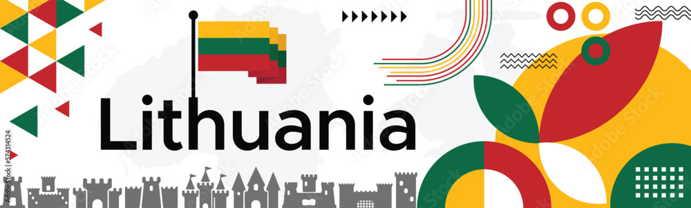 Restoration of Independence of Lithuania Banner with map, flag colors theme background and geometric abstract retro modern, red yellow and green design. illustration banner design template. Restoration of Independence of Lithuania Banner with map, flag colors theme background and geometric abstract retro modern, red yellow and green design. illustration banner design template.