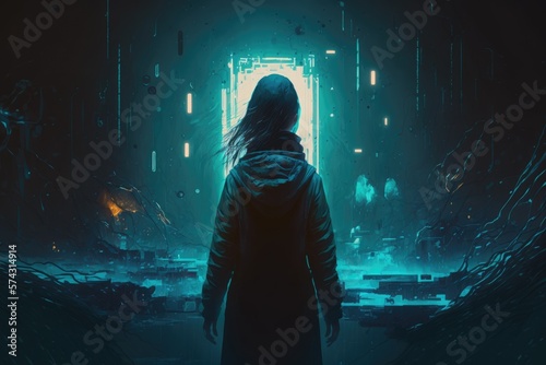 in a world of augmented reality, a hacker must navigate through the digital maze to uncover the truth about her missing sister digital art poster AI generation.