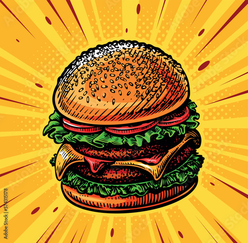 Big tasty Burger pop art style comic background. Fast food restaurant. Vector illustration